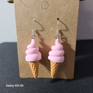 Handmade Pink Ice Cream Cone Dangle Earrings, Fun Whimsical Novelty Food Jewelry